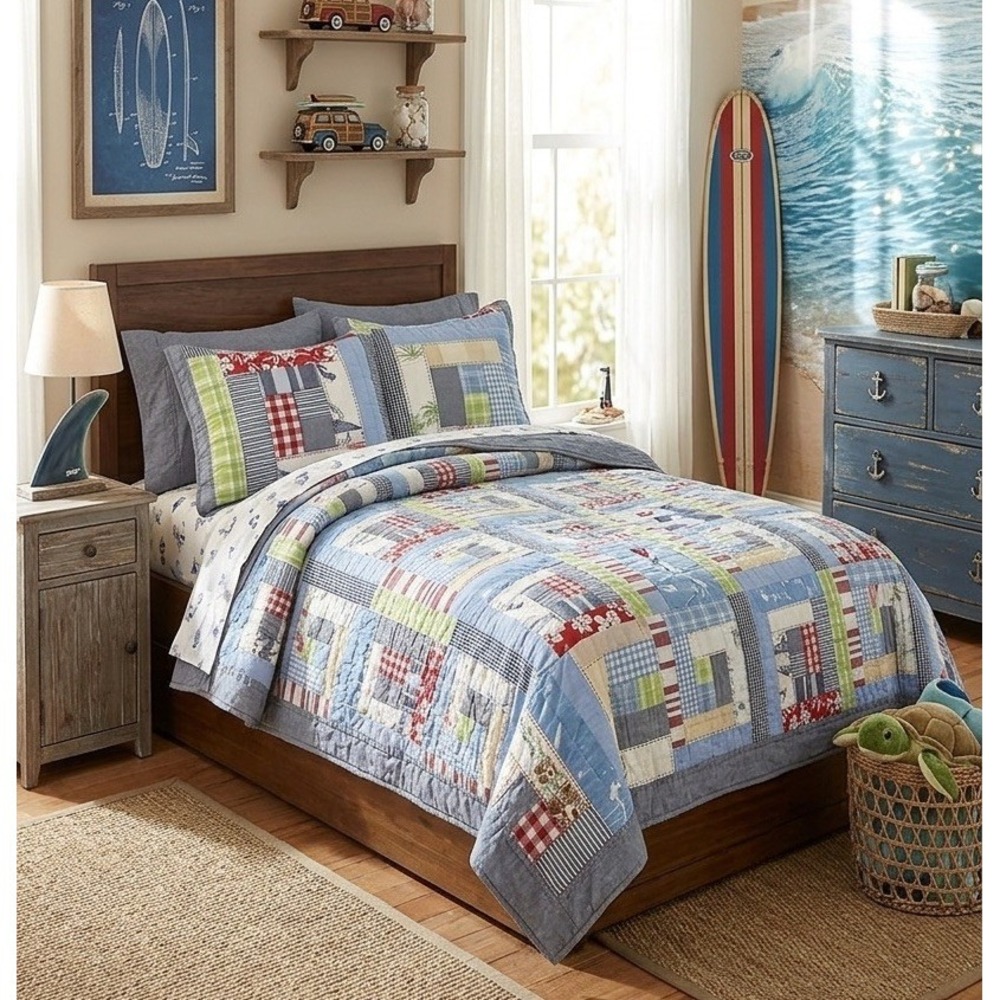 Pottery Barn Kids Quilt Full Queen Patchwork Plaid Coastal Surf Nautical Bedding